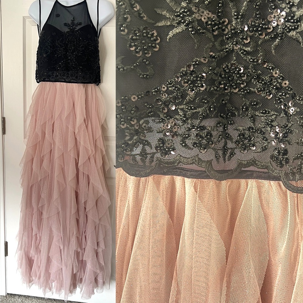 Juniors Sz 7 / 8 Beaded Tulle Ruffled Lined Gown Long Dress Prom Mesh Lace Fairy
